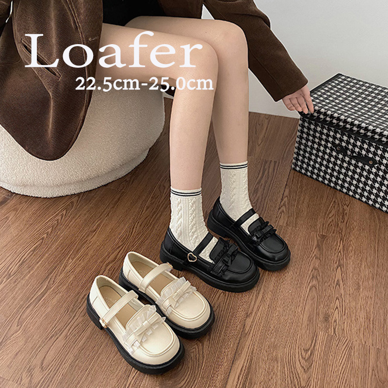 2024新作 厚底ローファー ストラップ付き 美脚効果 黒 ベージュ