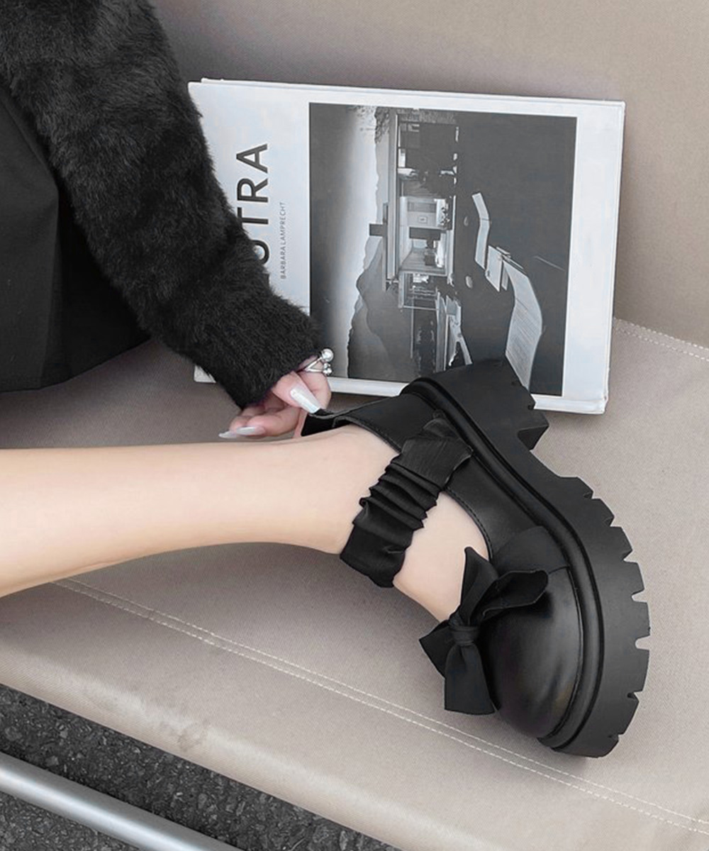 リボン付き厚底ローファー丸形つま先パンプス