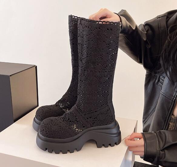 秋冬透かし編みロングブーツ厚底レース柄
