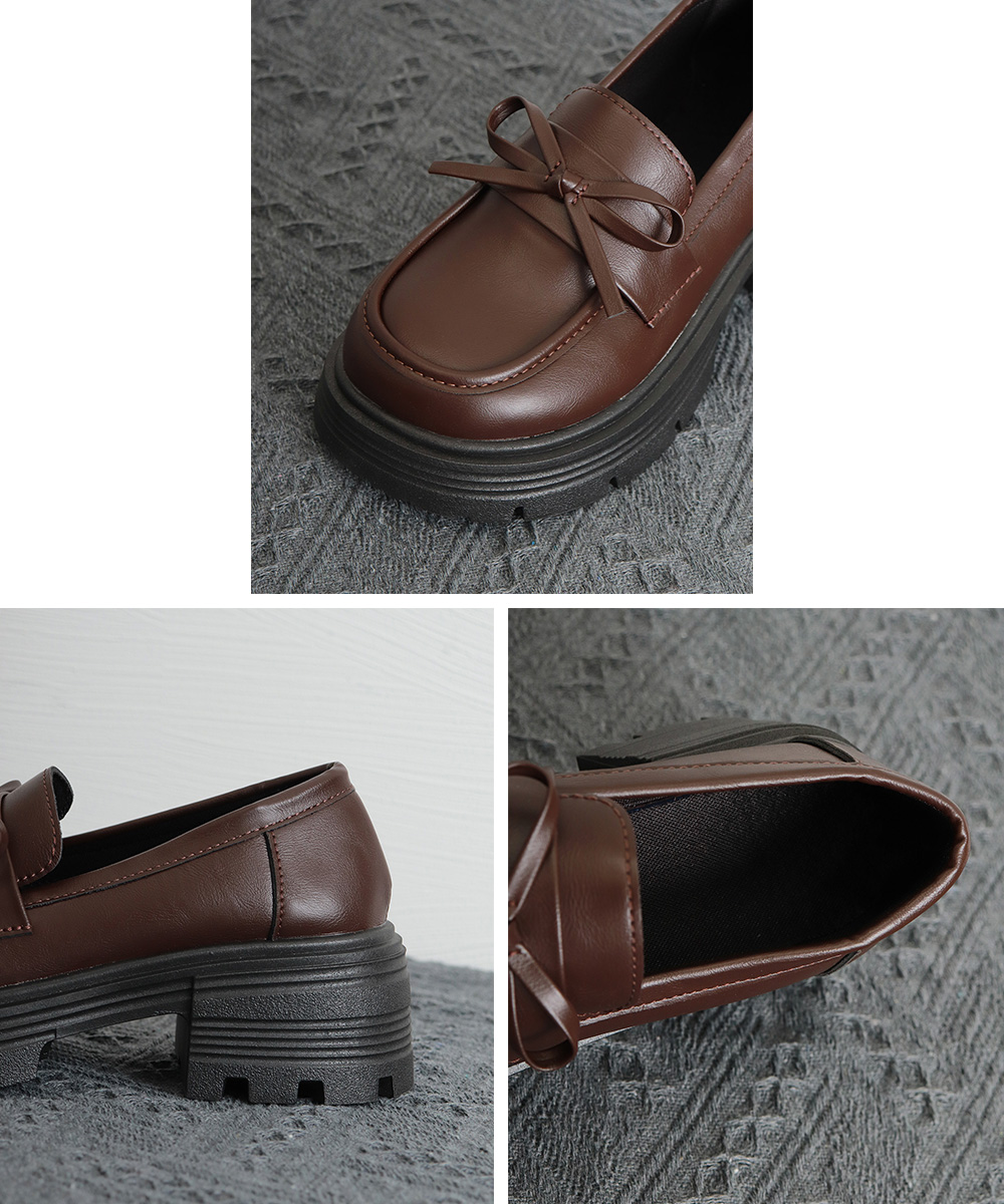 【脚長シルエット】リボン厚底ローファー（4.5cm・学院風・ボリュームソール・黒/ブラウン）