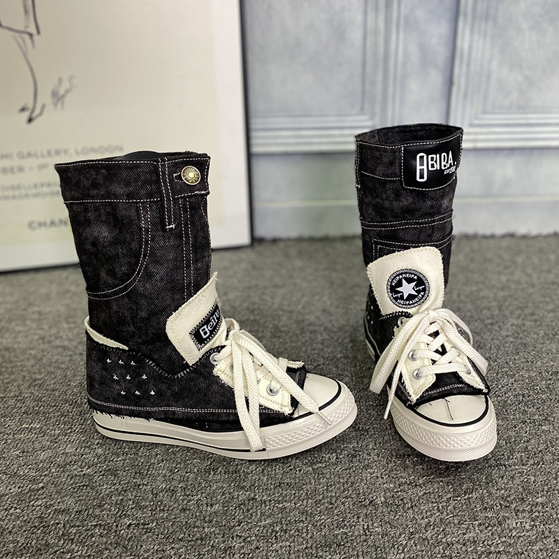 厚底デニムスニーカー ハイカット レッグカバー付き レディース
