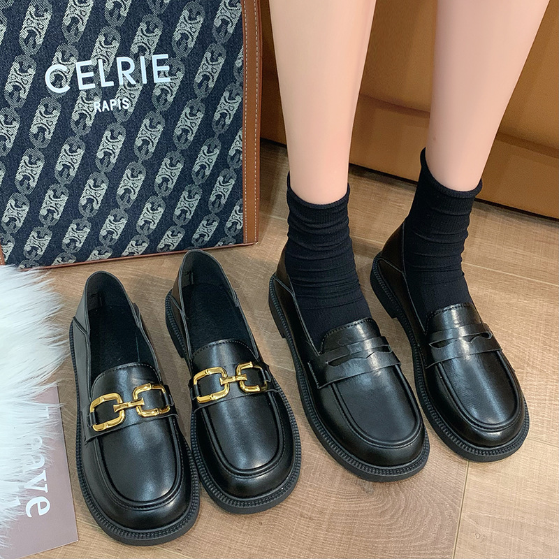 【美脚・脚長】金具付き厚底ローファー（3.5cm・2way・黒）歩きやすいデザイン