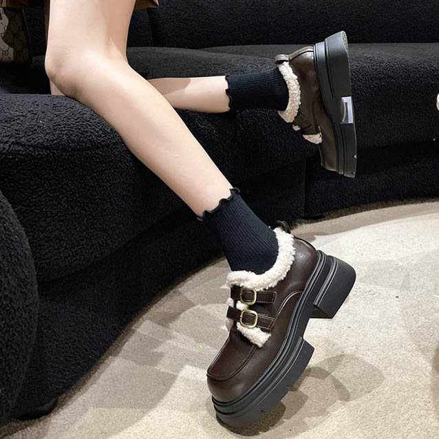 裏ボア厚底ローファー二連ストラップ美脚効果レディース靴