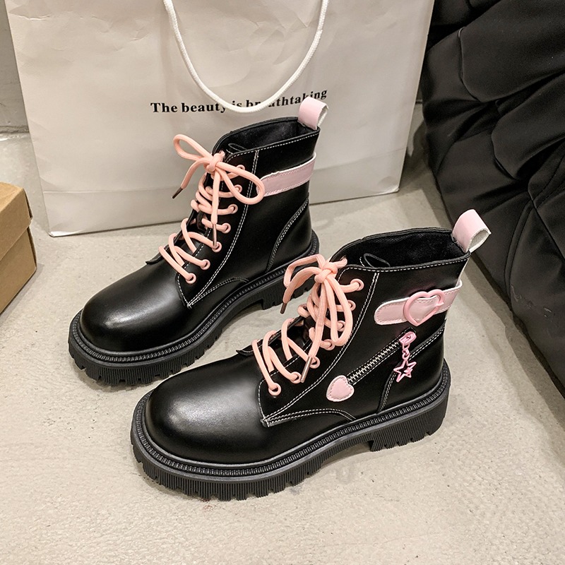 厚底ハイカットブーツ レースアップ合皮ショートブーツ