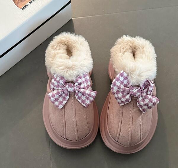 【ふわ甘スタイル】リボン×ファー厚底サンダル（7cm・秋冬あったか）