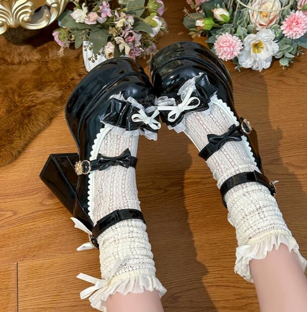 厚底パンプス リボン付き姫系ハイヒール靴