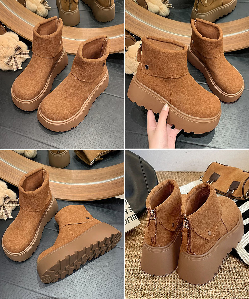 厚底ムートン風ブーツ 折り返し美脚ショートブーツ