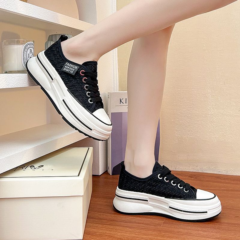 透け感レース厚底スニーカー千鳥格子柄美脚効果