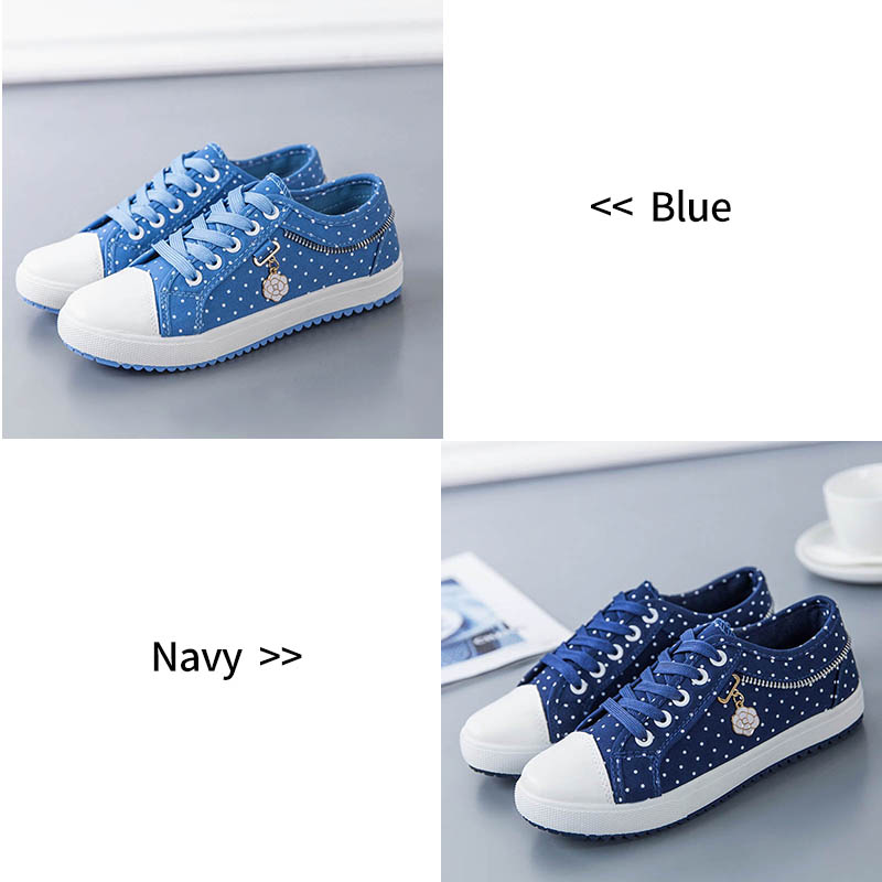 レディース 水玉ドット柄 厚底スニーカー 花飾りファスナー付き