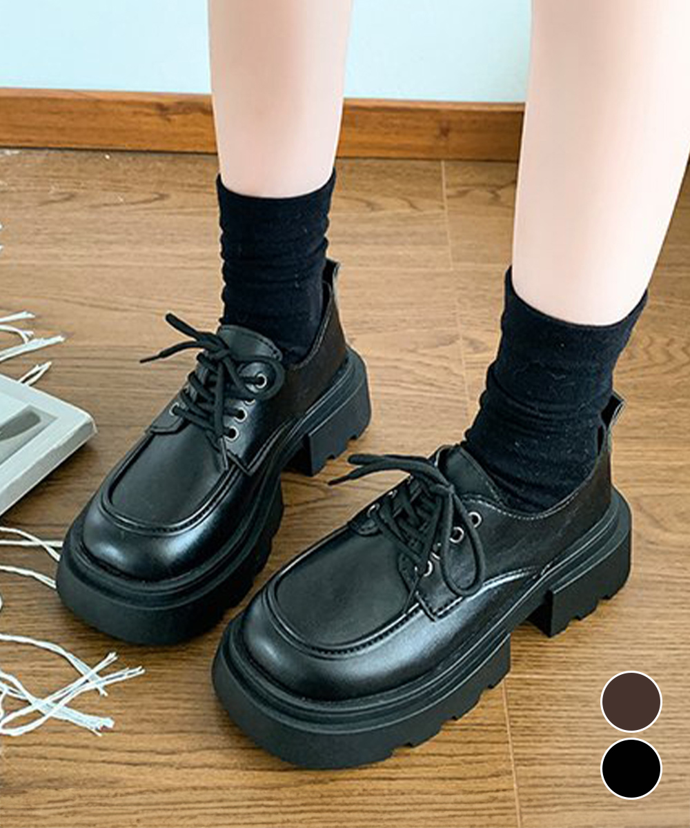 【レザー調×編み上げデザイン×学院風】+5.7cm厚底脚長ローファー