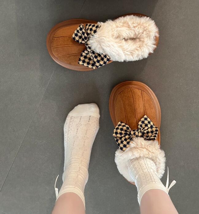 【ふわ甘スタイル】リボン×ファー厚底サンダル（7cm・秋冬あったか）