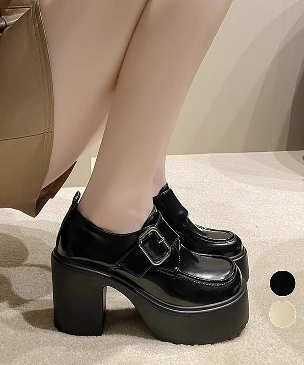 厚底ローファー レディース 太ヒール ベルト付き