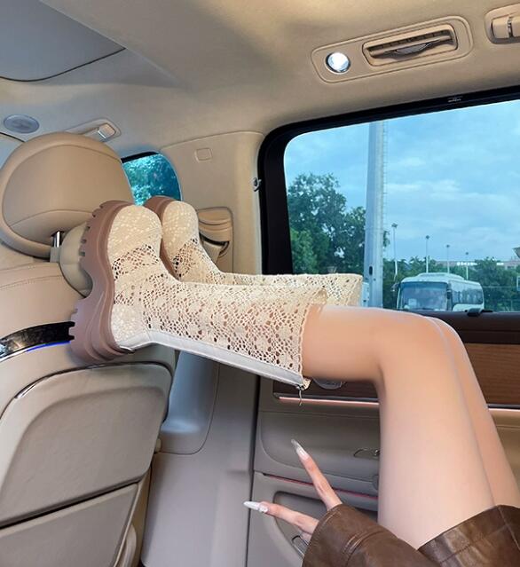 秋冬透かし編みロングブーツ厚底レース柄