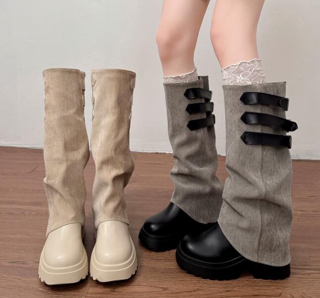 厚底ニーハイブーツ ベルトデザイン お出かけ靴