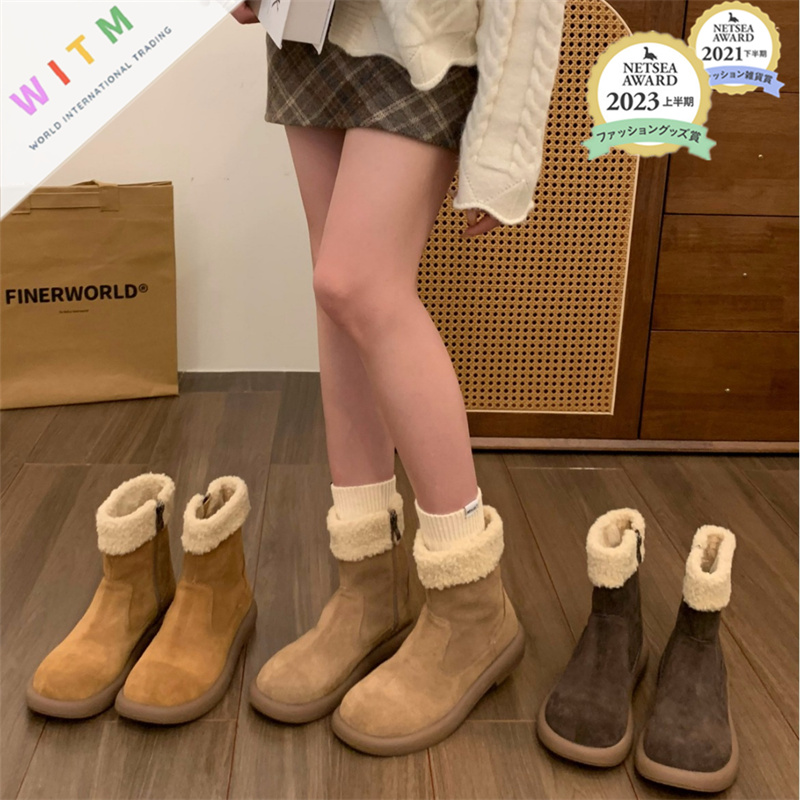 2024冬新作 ベロア厚底ショートブーツ 裏起毛防寒