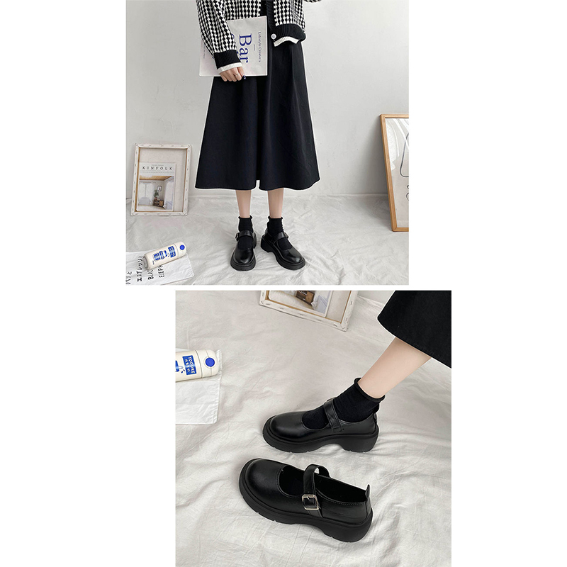 厚底ローファー レディース ストラップ 黒 光沢マット二種類