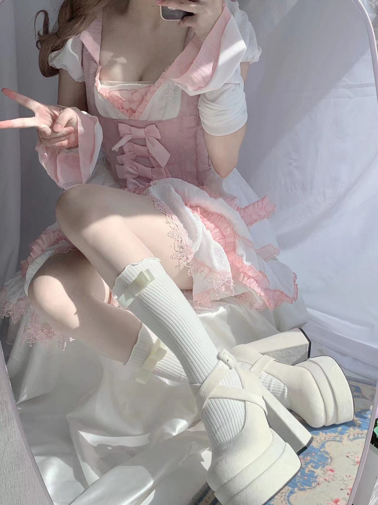 厚底 リボン紐厚底太踵パンプス