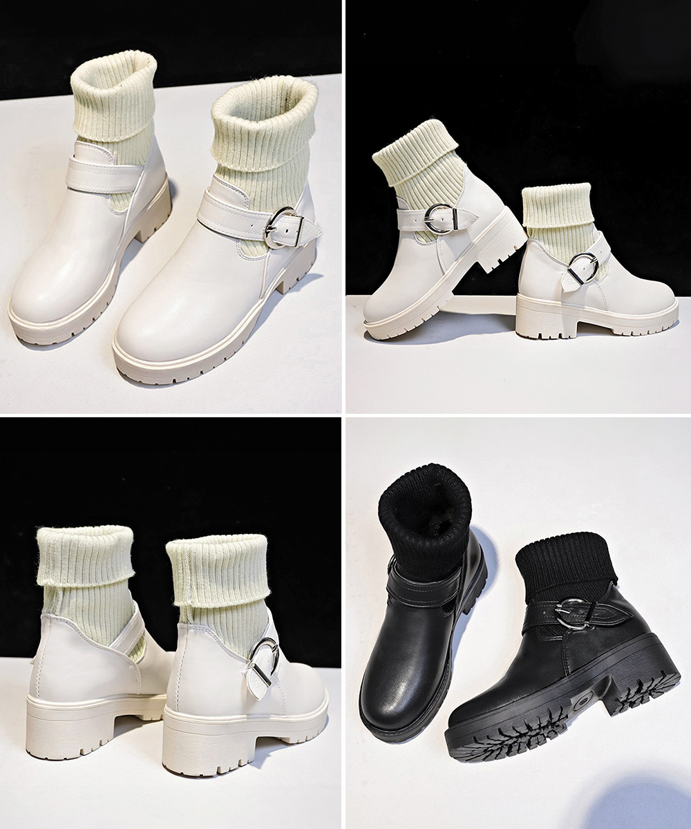 【靴下風ニット切り替え×暖かフィット×韓国系】5.0cm厚底ショートブーツ