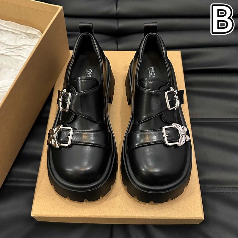 厚底ローファー 合成皮革 蝶々金具 女性用靴