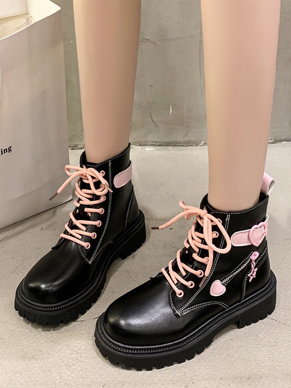 厚底ハイカットブーツ レースアップ合皮ショートブーツ