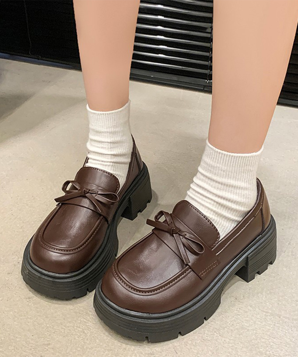 【脚長シルエット】リボン厚底ローファー（4.5cm・学院風・ボリュームソール・黒/ブラウン）