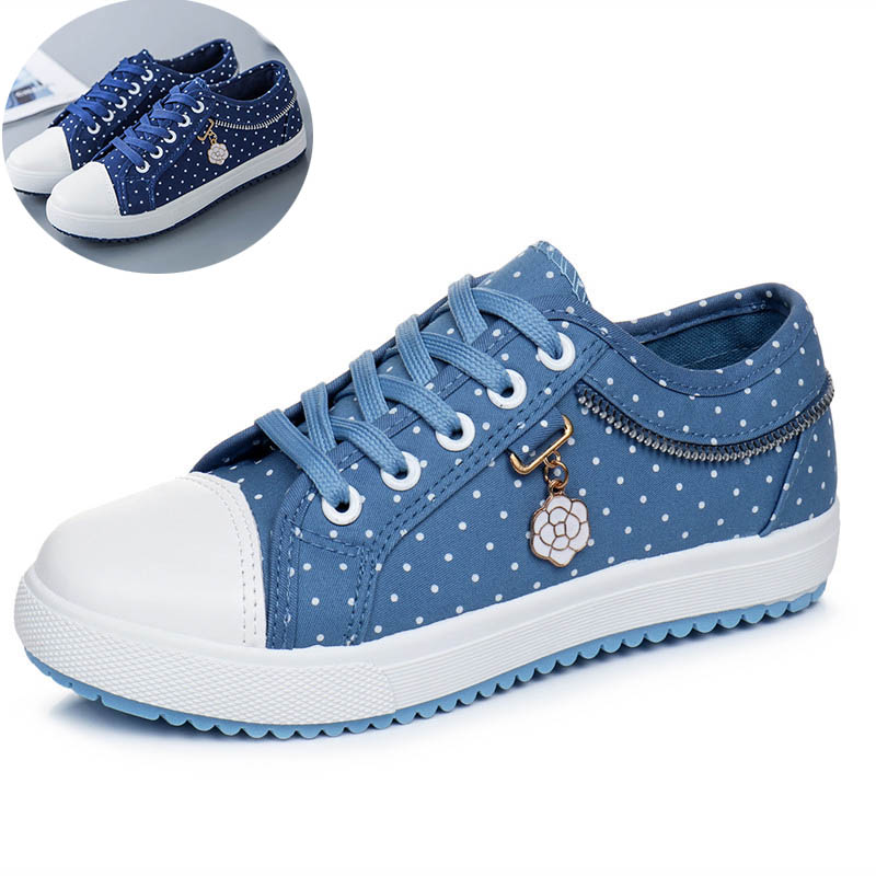 レディース 水玉ドット柄 厚底スニーカー 花飾りファスナー付き