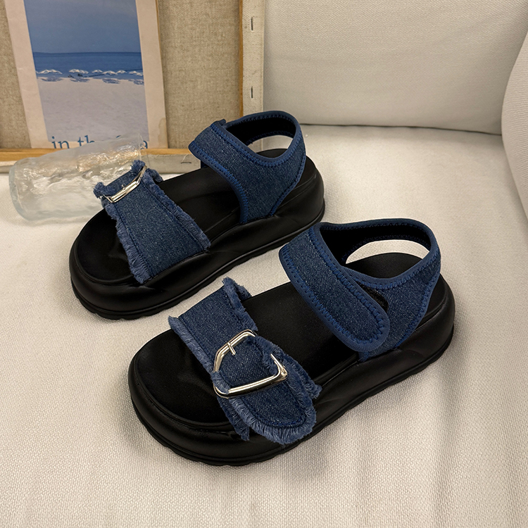厚底 デニム風マジックテープ厚底サンダル
