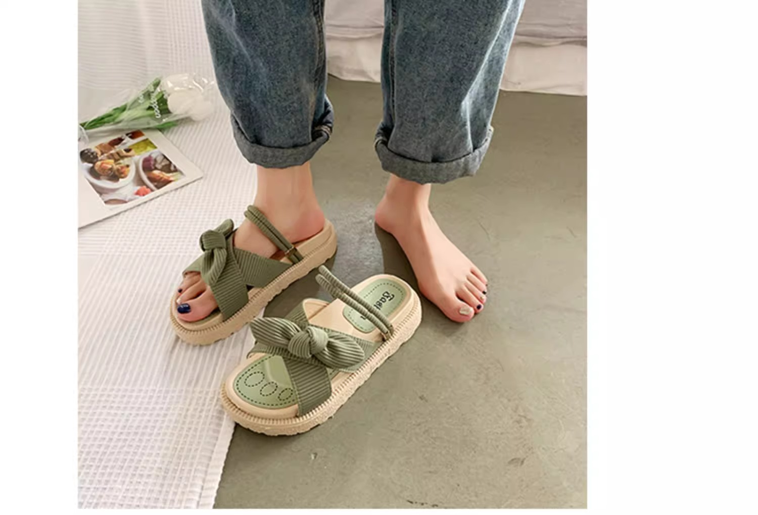 厚底 リボン結び厚底サンダル