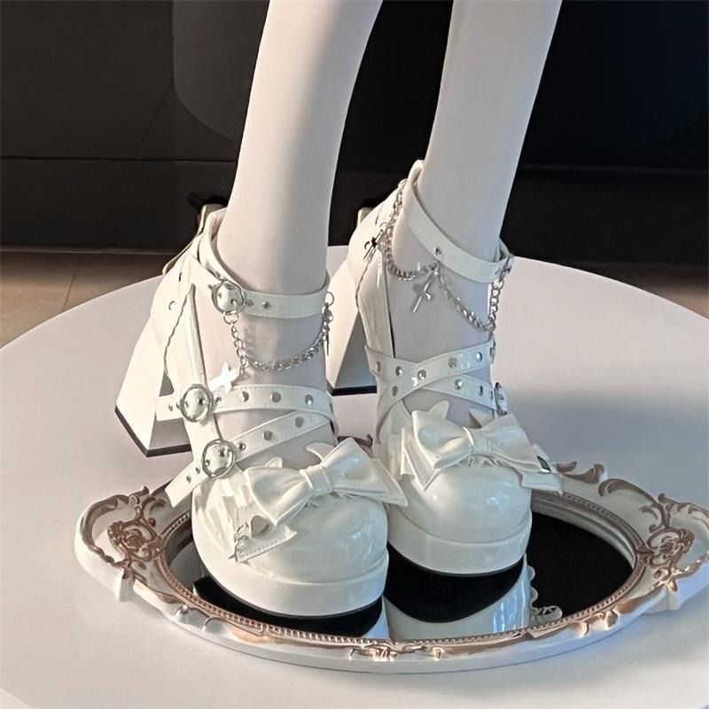 厚底 リボン飾り姫風ストラップシューズ