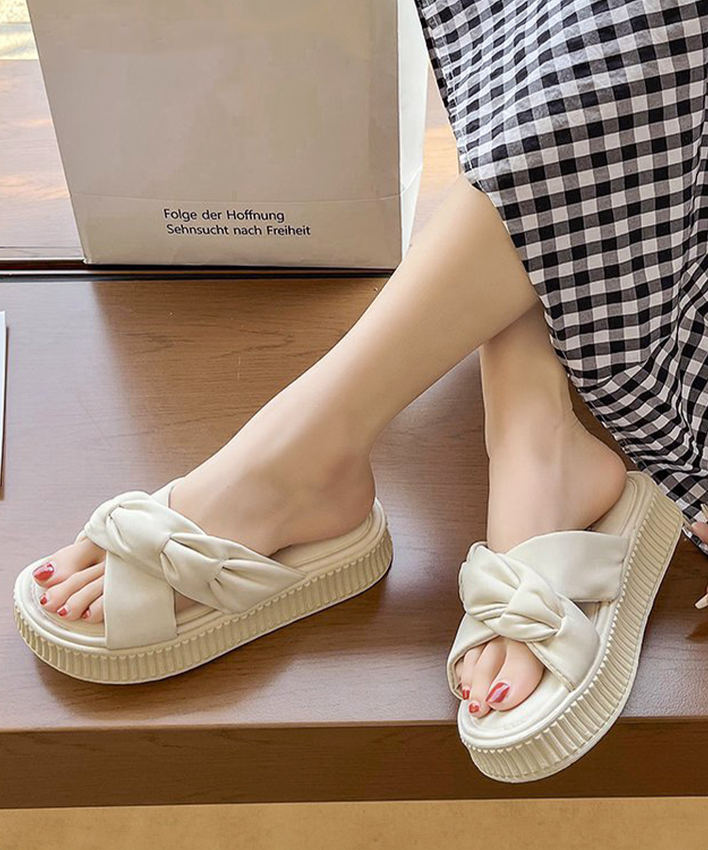 レディース厚底サンダル リボン付きスリッパ