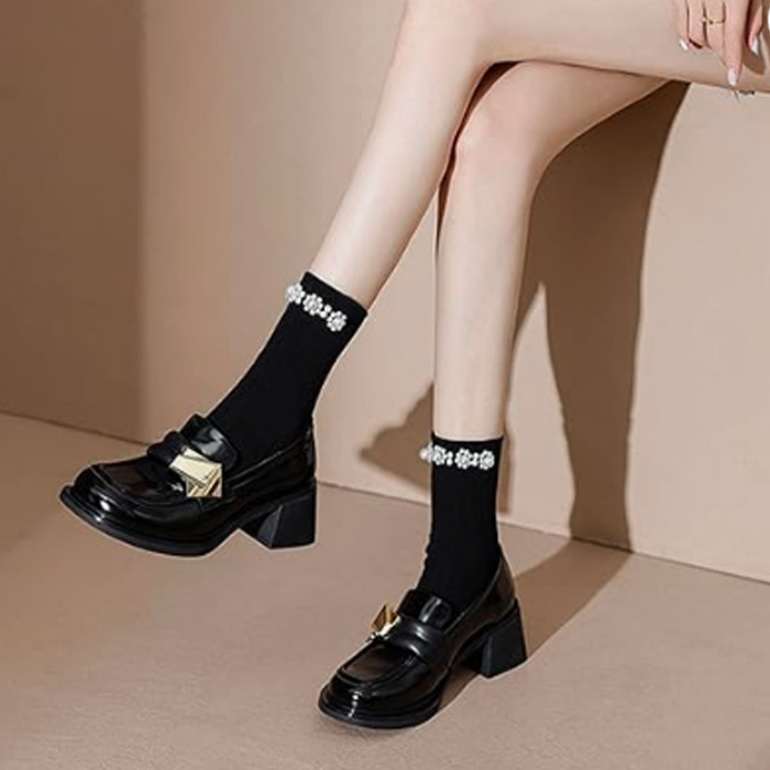 【美脚・脚長】エナメル厚底ローファー（金具付き・スクエアトゥ・5cm太ヒール）トレンドデザイン