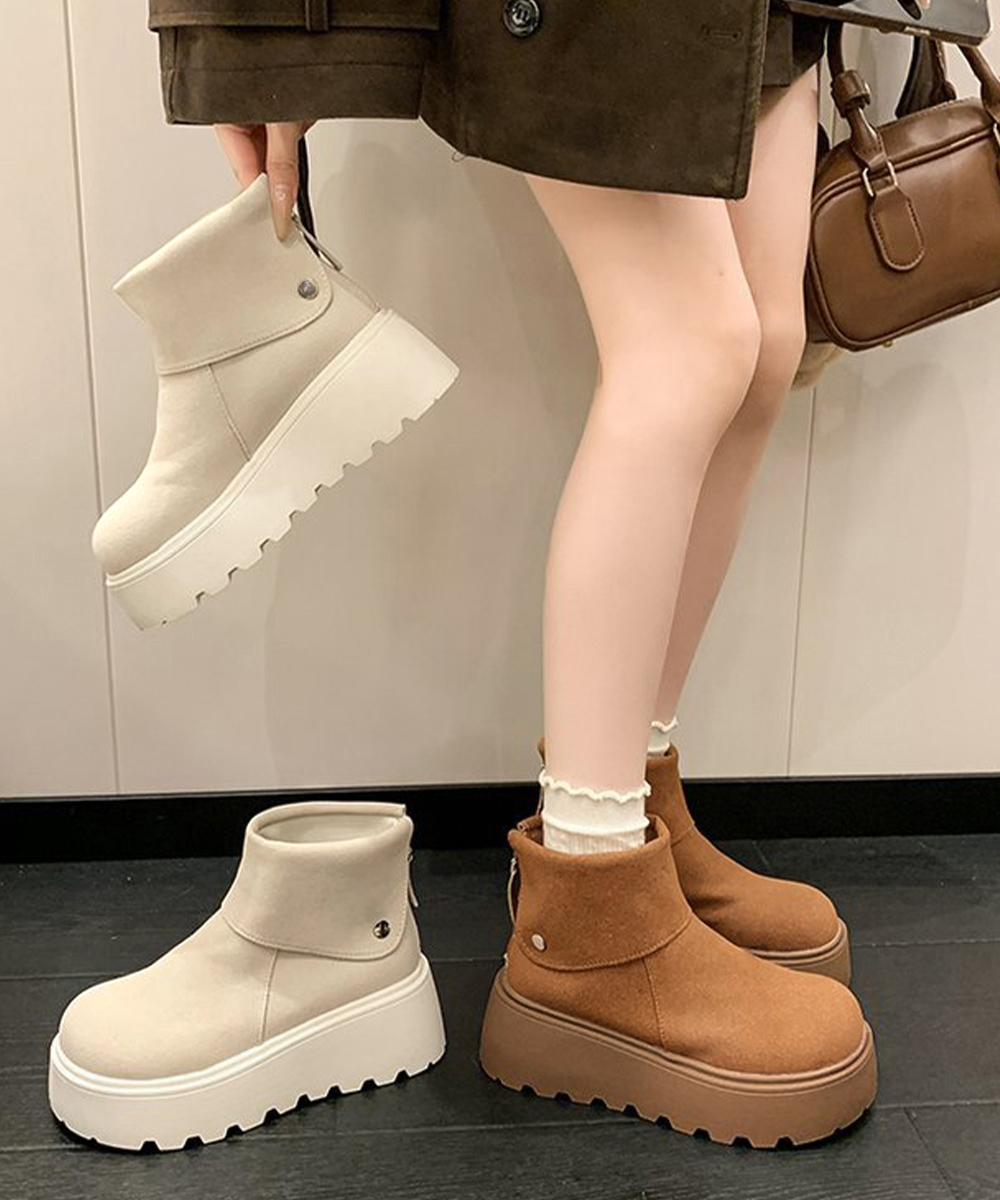 厚底ムートン風ブーツ 折り返し美脚ショートブーツ