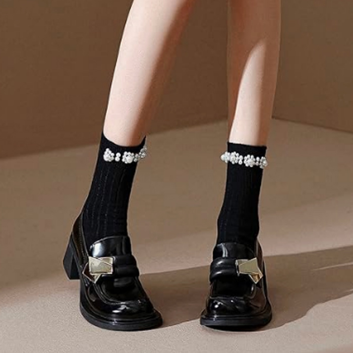 【美脚・脚長】エナメル厚底ローファー（金具付き・スクエアトゥ・5cm太ヒール）トレンドデザイン