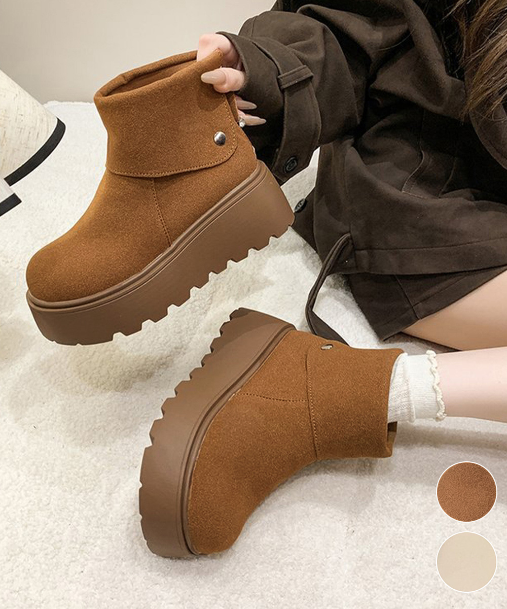 厚底ムートン風ブーツ 折り返し美脚ショートブーツ
