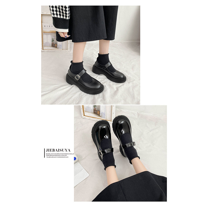 厚底ローファー レディース ストラップ 黒 光沢マット二種類