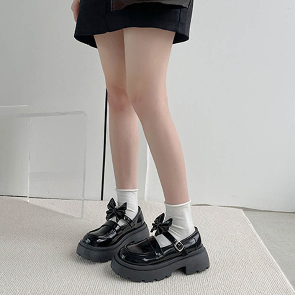 厚底ローファー レディース 取り外し可能リボン付き