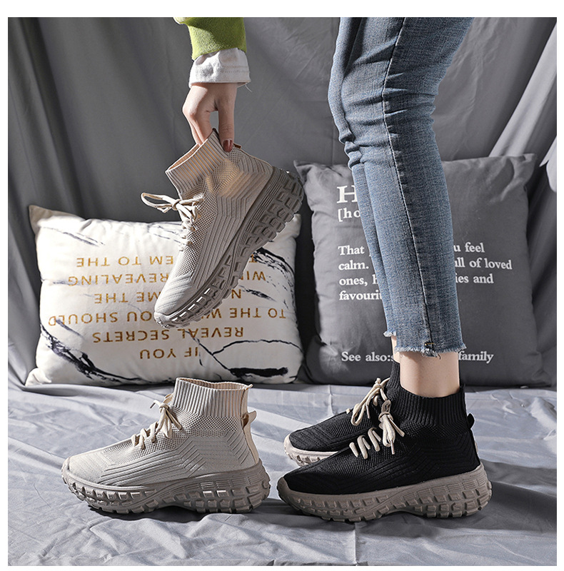 女性用ハイカット厚底靴 通気性編み込み運動靴