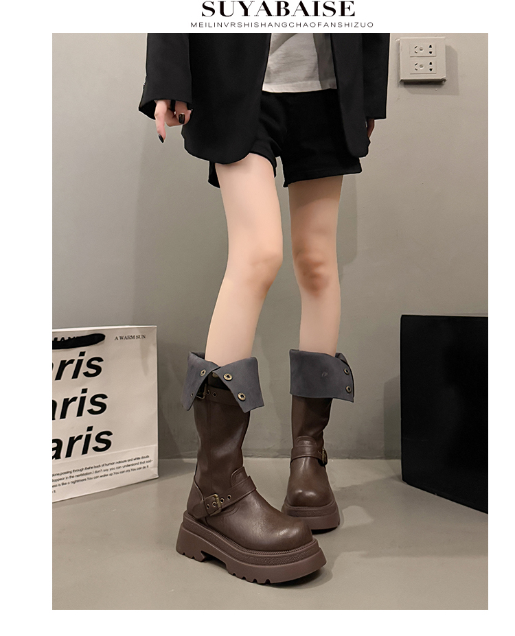 厚底ライダーロングブーツ｜二重ベルト×重厚ソール×韓国モード