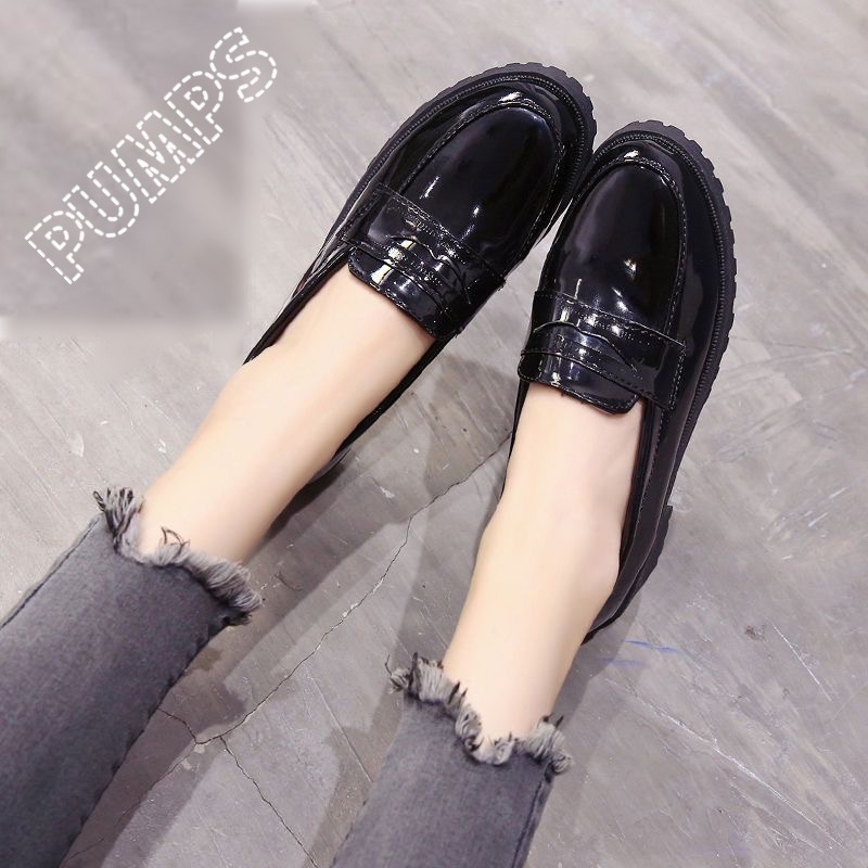 レディース厚底ローファーパンプス黒エナメル調