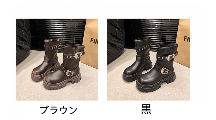 厚底ダブルベルト裏起毛ミドルブーツ黒レディース