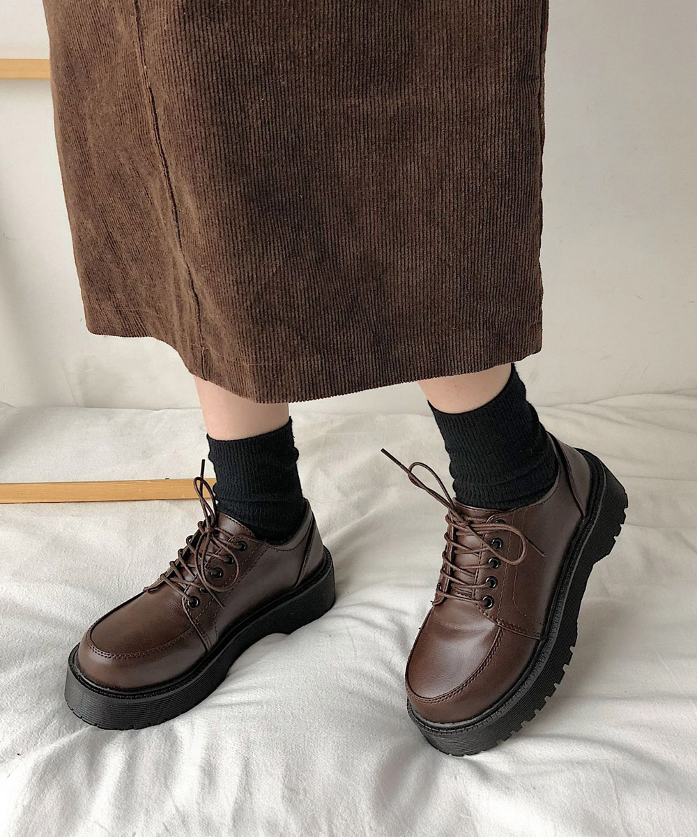 厚底編み上げローファー レディース美脚靴