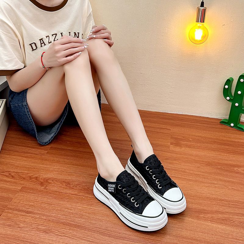 透け感レース厚底スニーカー千鳥格子柄美脚効果