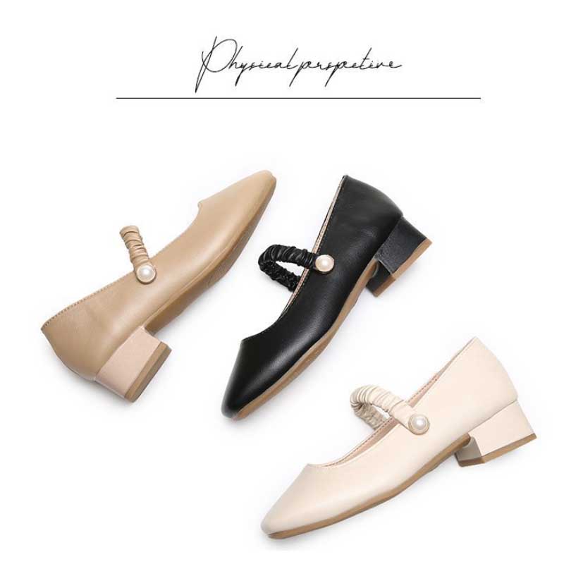 【美脚・脚長】パール装飾厚底パンプス（スクエアトゥ・黒/ベージュ・チャンキーヒール）