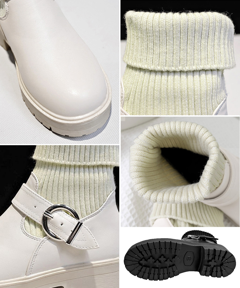 【靴下風ニット切り替え×暖かフィット×韓国系】5.0cm厚底ショートブーツ