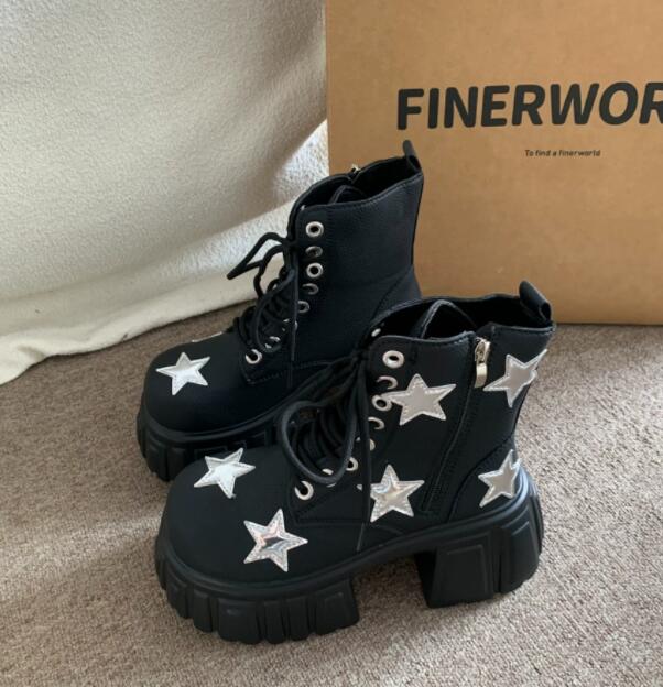 秋冬星柄厚底ブーツ編み上げ黒ショートブーツお出かけ靴