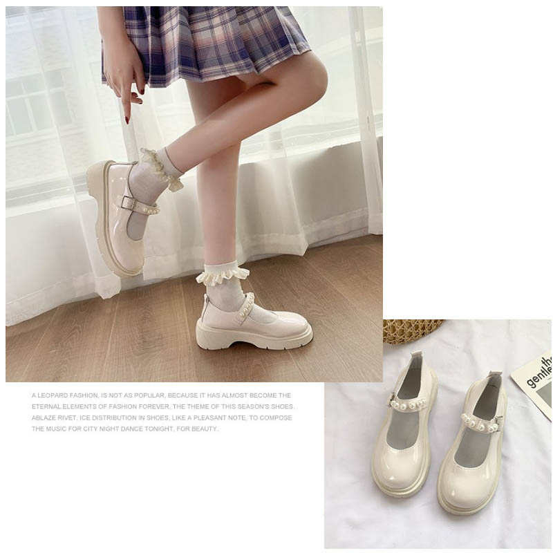 パール装飾ストラップパンプス エナメル風厚底 黒白2色