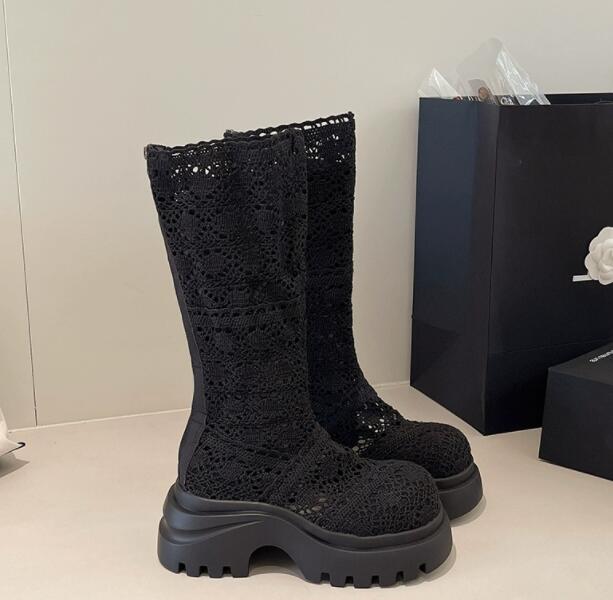 秋冬透かし編みロングブーツ厚底レース柄