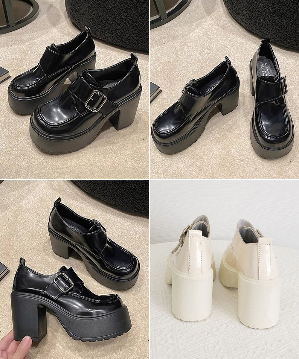 厚底ローファー レディース 太ヒール ベルト付き