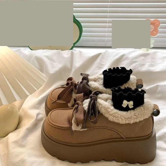 厚底ムートン調ブーツ レディース裏起毛防寒ショートブーツ