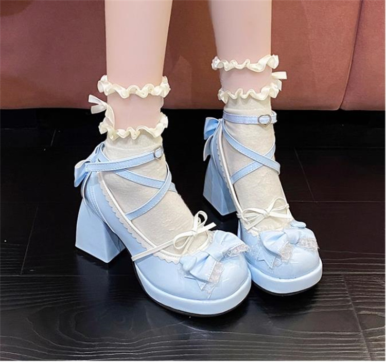 可愛いリボン付き厚底パンプス ストラップシューズ